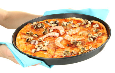 hands holding pizza with seafood isolated on white