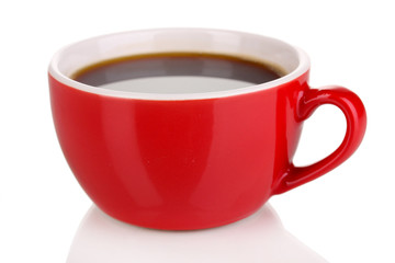 A red cup of strong coffee isolated on white