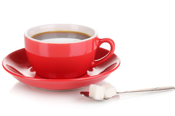 A red cup of strong coffee isolated on white