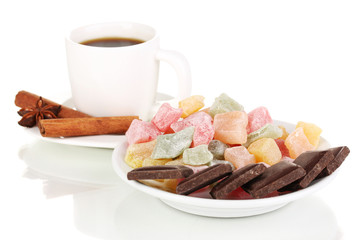 White cup of Turkish coffee with rahat delight isolated on