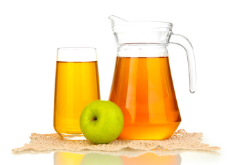 Full glass and jug of apple juice and apple isolted on white