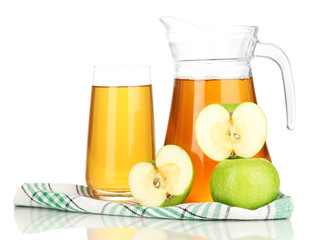 Full glass and jug of apple juice and apples isolted on white
