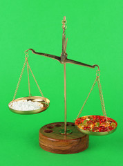Classic scales with color pills on color background