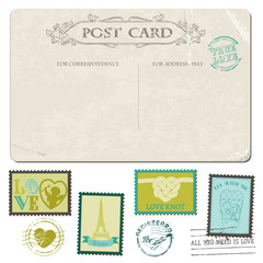 Vintage Love Postcard and Postage Stamps-for wedding design