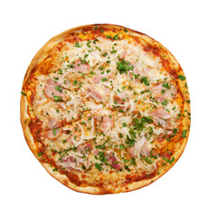 Pizza with ham, onions, cheese and herbs