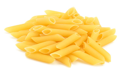 Heap of penne pasta isolated on white background