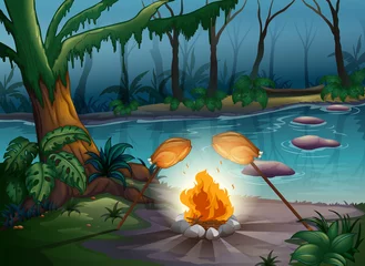 Stickers meubles Rivière, lac Un feu de joie dans une jungle