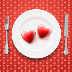 Red hearts on a plate, knife and fork, vector Eps10 image