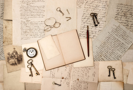 open book, vintage accessories, old letters