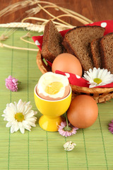 Boiled eggs on color background