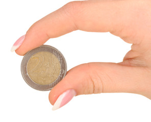 Woman hand with euro coin, isolated on white