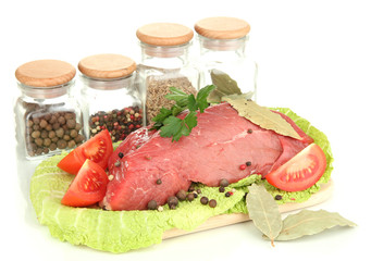 Raw beef meat marinated with herbs and spices isolated on white