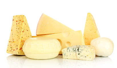 Various types of cheese isolated on white