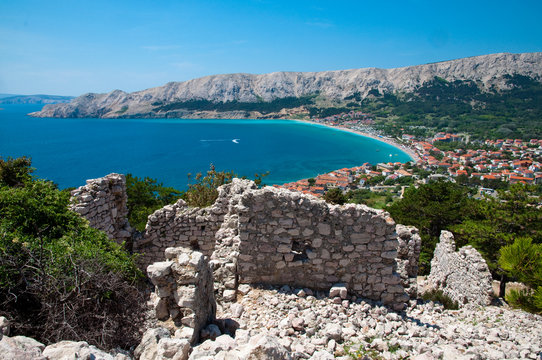 Baska bay sea and city from panoramic viewpoint near ancient rui