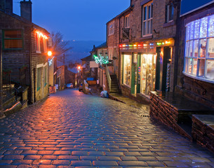 Main Street in Haworth, Yorkshire, UK, at Christmas time - 48306542