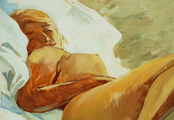 sleeping woman, picture oil on a canvas,  illustration - obrazy, fototapety, plakaty