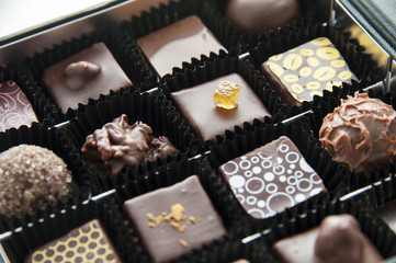 Box of various chocolate pralines