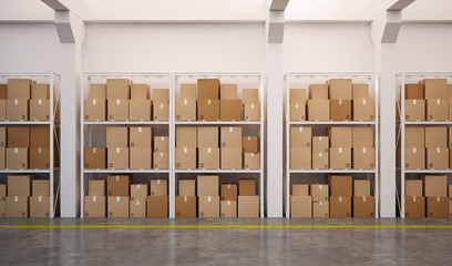 3d rendered warehouse with many stacked boxes on pallets