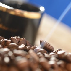 Kaffeebohnen mit Tasse und Rauch