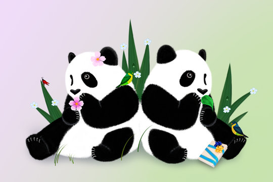 Greeting card with two pandas