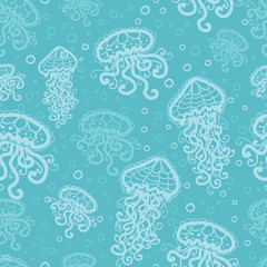 Vector swimming jellyfish seamless pattern background with hand