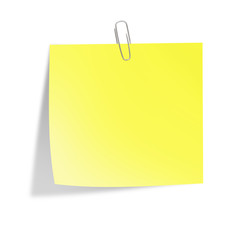 Yellow sticker note with clip isolated on white. Illustration