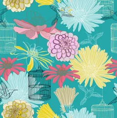 Zelfklevend Fotobehang Vogels in kooien naadloos bloemenpatroon