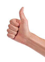 Male hand showing thumbs up sign isolated on white