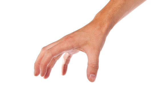 Male hand reaching for something on white