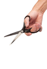 Hand is holding scissors isolated