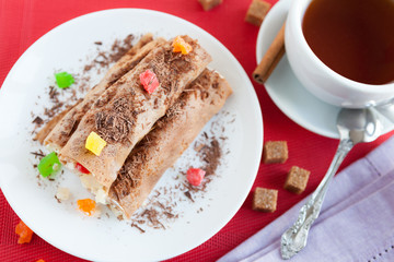 chocolate pancakes and a cup of tea,