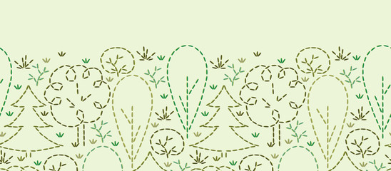 Vector embroidered forest horizontal seamless pattern background