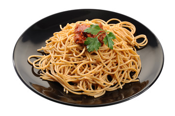 Spaghetti with sauce on a white background