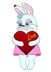 cute white bunny holding in the paws of the heart