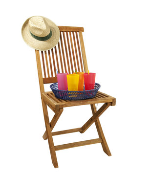 Teak Deck Chair With Sun Hat And Drinks, Isolated