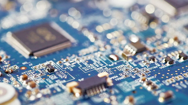 Fly over computer circuit board, electronic background