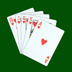 A royal straight flush playing cards poker hand in hearts