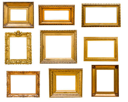 Set of vintage gold frames, isolated on white
