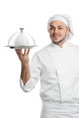 positive chef with cloche lid cover isolated