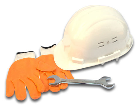 white helmet, wrench and gloves