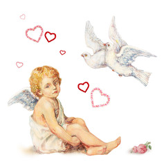Valentinstag Set: sitzender Engel, Tauben und Herzen