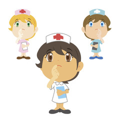 cartoon nurse is thinking, three colors
