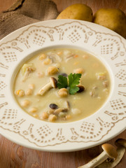 soup with chickpeas mushroom and potatoes, vegetarian food