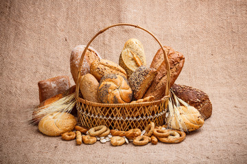 Bread and rolls in wicker basket