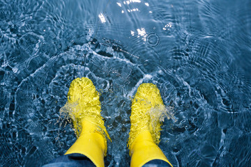 rubber boots splashing in the water
