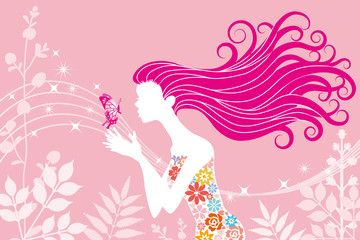 Obraz na płótnie Canvas Spring image,woman and butterfly,Horizontal