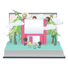 Kids playing with diskette inside a pop-up book. Vector design. 