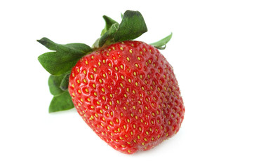 Red strawberry with green leaves on a white background