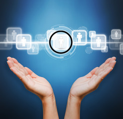 hand of business women pushing a button on a touch screen interf