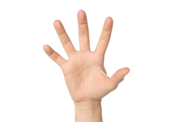Woman hand on white background .
